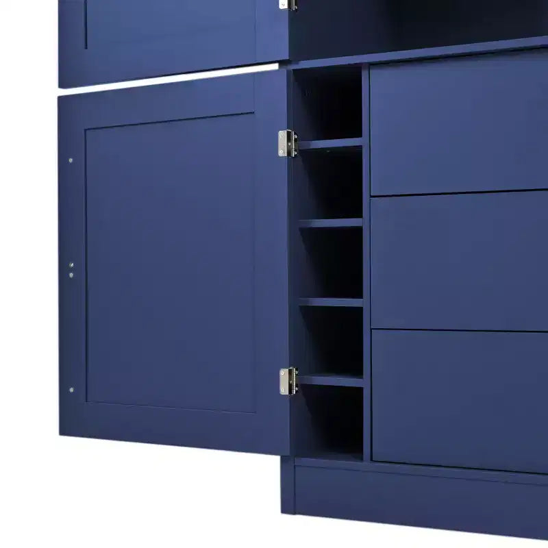 Armoire garde-manger haute pour cuisine avec prises électriques, grand placard autoportant avec support pour micro-ondes, tiroirs, étagères, porte-bouteilles et étagères intégrées à la porte