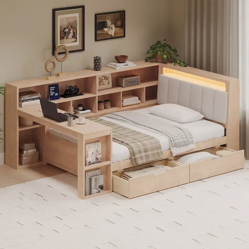 Sofa narożna z drewna w kształcie litery L z biurkiem, regałem, łóżkiem narożnym z szufladami pod łóżkiem, tapicerowanym zagłówkiem i wbudowanym oświetleniem