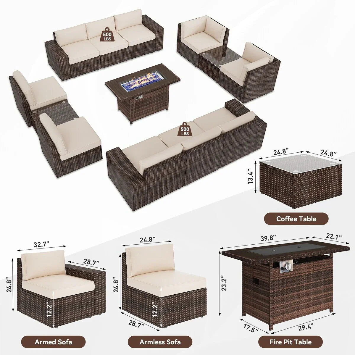 13 Pieces Patio Furniture Set with 44Fire Pit Table