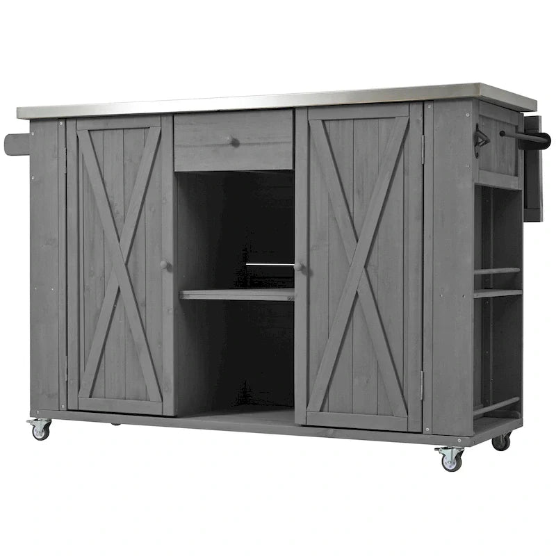 Outdoor Kitchen Island, Rustic Fir Wood with Stainless Steel Top and Smart Storage