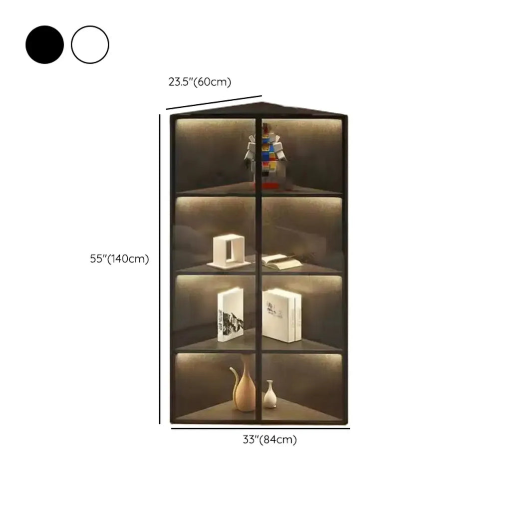 Vitrine de canto moderna em metal e madeira cinzenta com porta de vidro