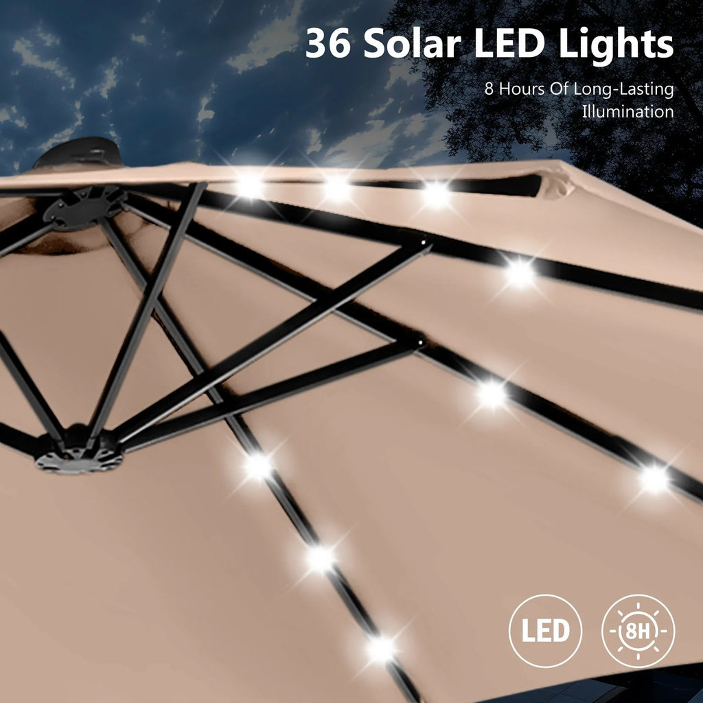 MAISON ARTS 15-Fuß-rechteckiger Outdoor-Marktschirm mit Kurbel, doppelseitiger Bespannung und solarbetriebenen LED-Leuchten, inklusive Standfuß