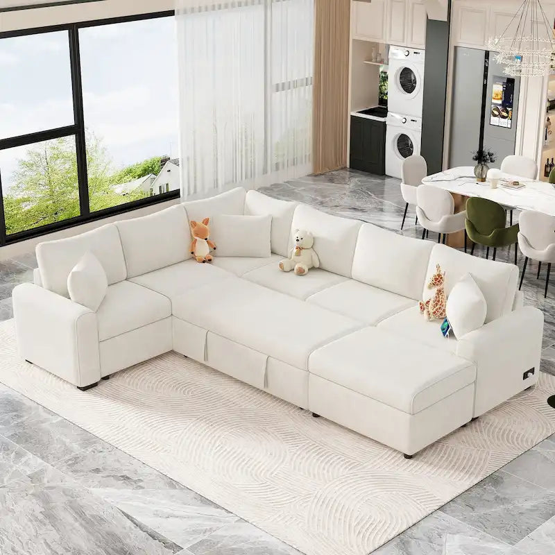 Chenille Sectional Sofa Pull-out Sofa Bed, L-Shape Sleeper Sofa with Storage Ottoman, 3 Pillows and Charging Devices