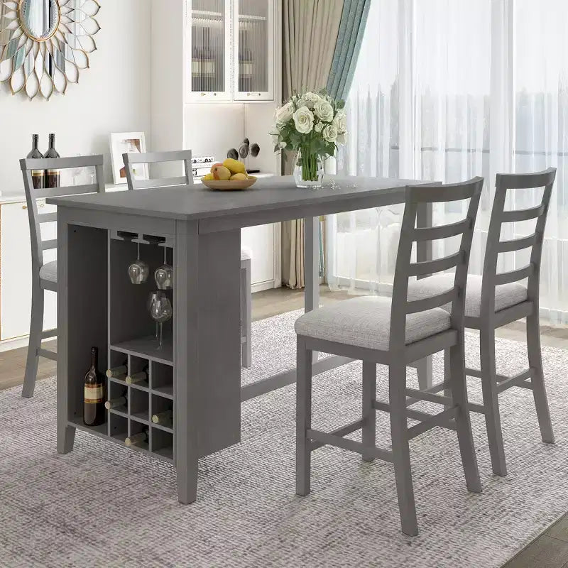 Farmhouse 5 Pieces Counter Height Dining Set with Chairs for 4, Wooden Rectangular Table with Storage Shelves and Bar Wine Compartment