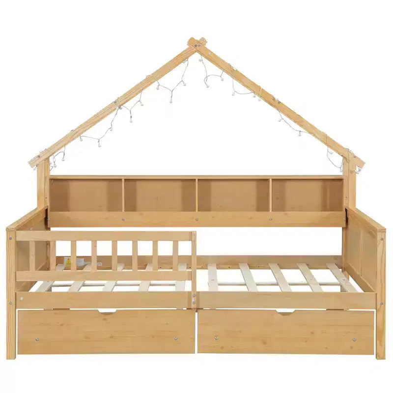 Huisbedframe voor een tweepersoonsbed met laden, huisplatformbed met ledverlichting, opbergplanken en laden, houten dagbed met dak en veiligheidshekje
