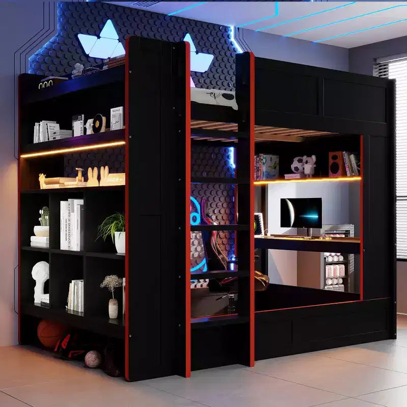 Pełnowymiarowe drewniane łóżko piętrowe dla graczy z wbudowanym biurkiem, półkami, 7-kolorowym oświetleniem LED i stacją ładującą, czarne – ModernLuxe