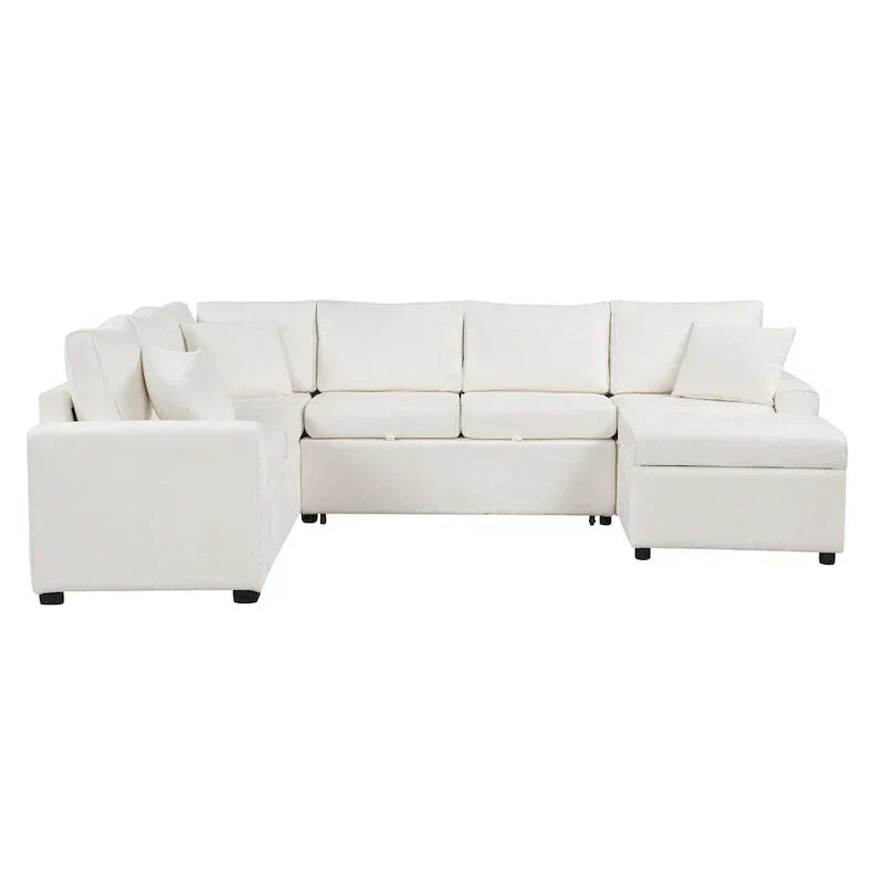 Ecksofa aus Chenille, ausziehbares Schlafsofa in L-Form mit Aufbewahrungshocker, 3 Kissen und Ladegeräten