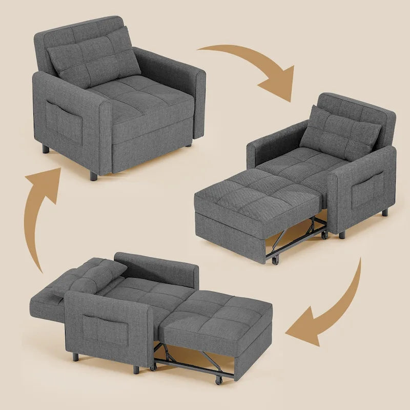 Sofá-cama 3 em 1 com cadeira-cama extraível, sofá-cama convertível, ajustável e dobrável, estofado