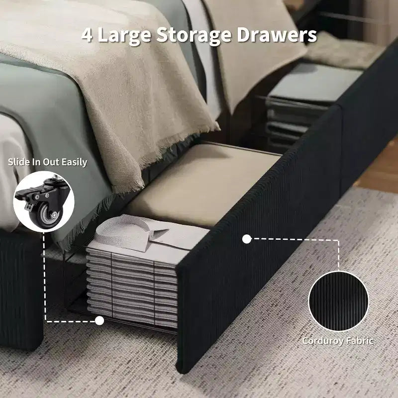 CuisinSmart manšestrová postelová konstrukce s čelem, čalouněná platformová postelová konstrukce se 4 úložnými zásuvkami a dřevěnými roštovými lamelami