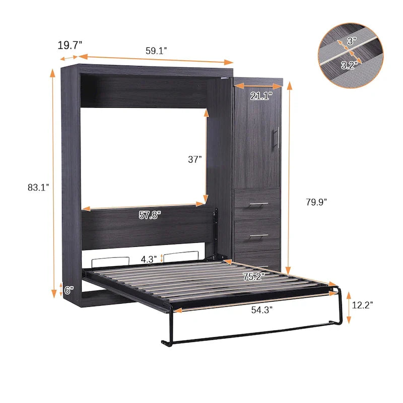 Lit escamotable pliable gris avec armoire et 3 tiroirs, deux places/une place, pour 1 personne