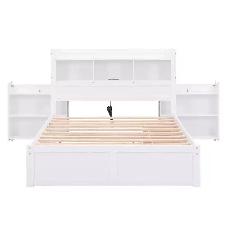 Stauraum-Polsterbett in Full-Größe mit Ausziehbett, Bücherregal-Kopfteil und Ladestation, hölzerner Full-Bettrahmen mit Regalen und Schubladen
