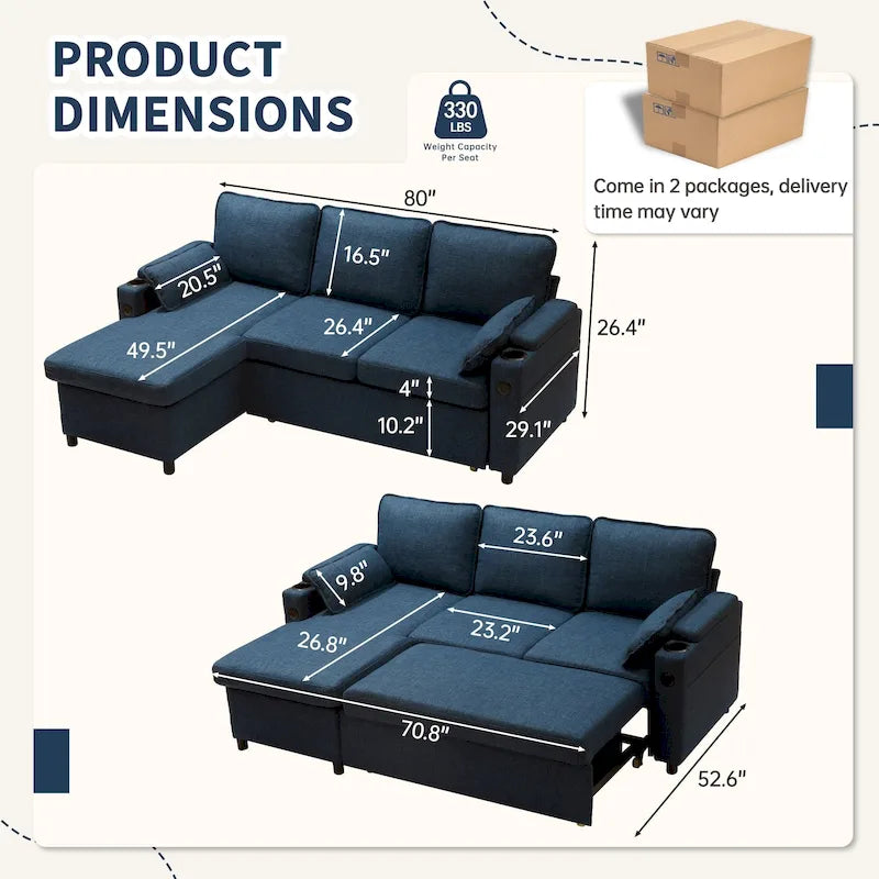 80 L-förmiges Schlafsofa, Schlafsofa mit ausziehbarem Bett, wendbares Schlafsofa