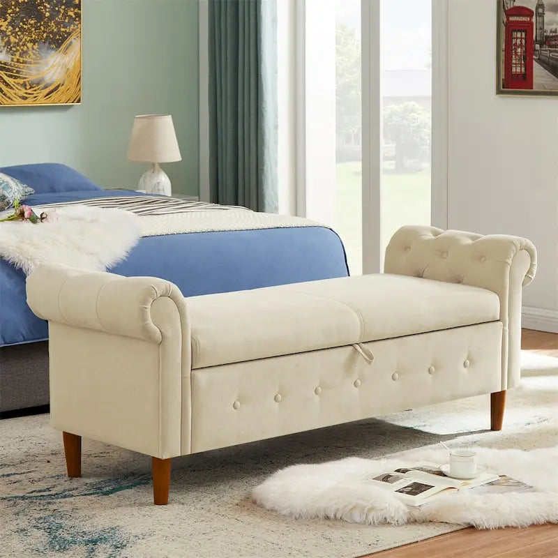 Panca contenitore per camera da letto, per fondo letto, con braccioli arrotondati, rivestita in velluto, pouf-divano lungo