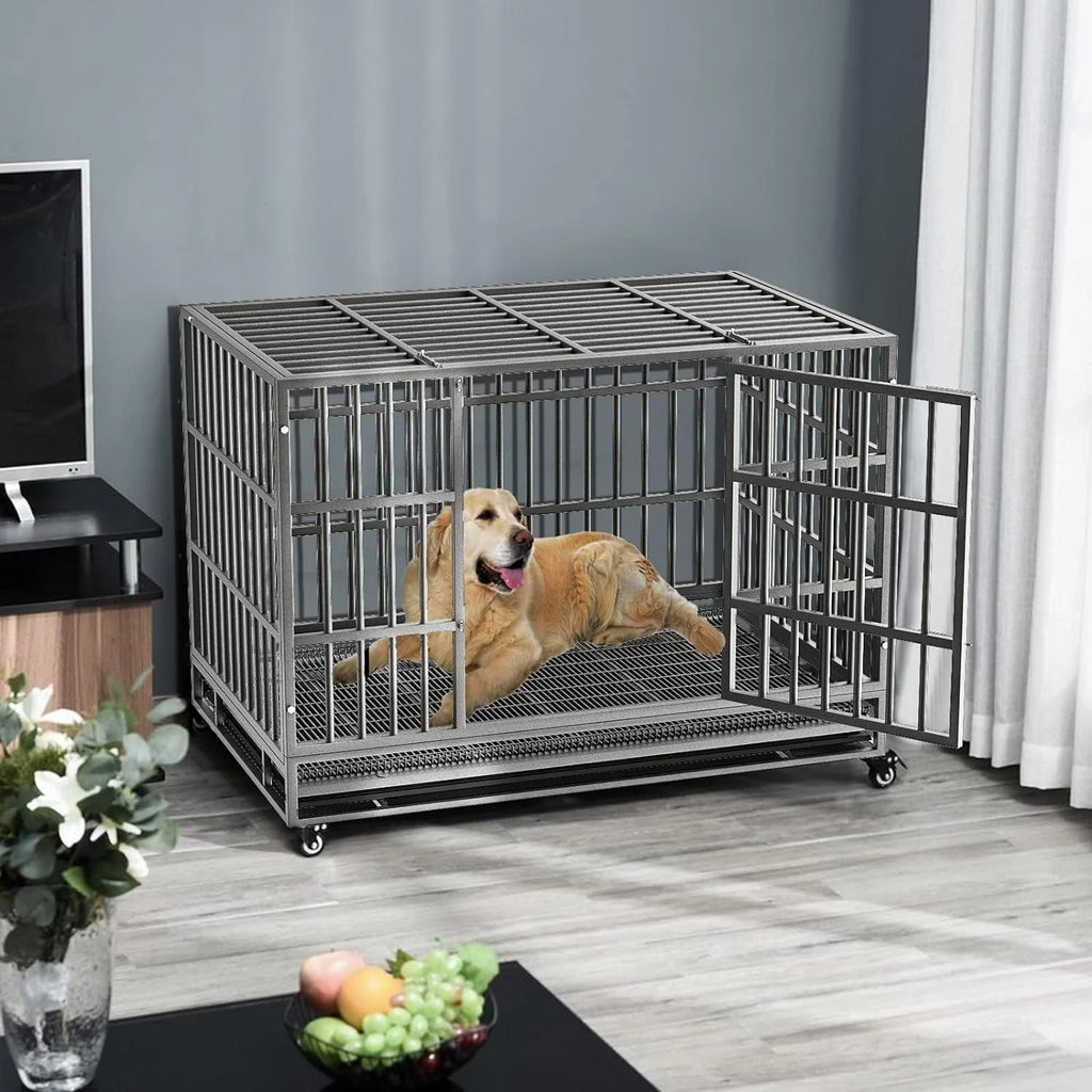 BOSSIN 48/38 Zoll großer, besonders robuster und unverwüstlicher Hundekäfig, ausbruchsicherer Hundezwinger mit feststellbaren Rollen