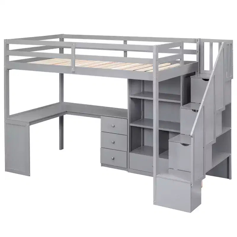 Cama alta de tamanho Twin com secretária em L, 3 gavetas, armário, arrumação nas escadas e estrutura em pinho maciço/MDF