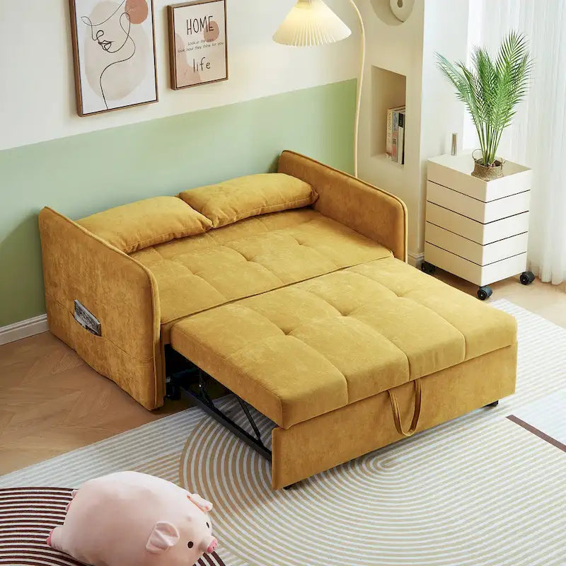 Yellow Chenille Fabric Pull-Out Sofa Bed Sleeper - 39.00 x 53.50 x 31.50