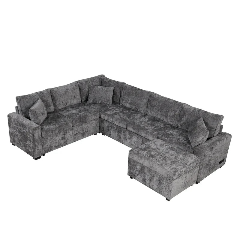 Ecksofa aus Chenille, ausziehbares Schlafsofa in L-Form mit Aufbewahrungshocker, 3 Kissen und Ladegeräten