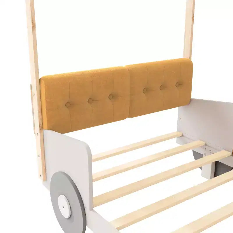 Whisen-Holzbett in Autoform mit Kissen, Deckenstoff und LED – Natur