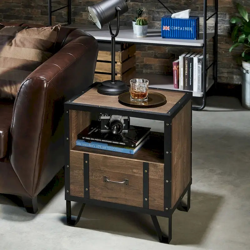 DH BASIC Industrial Oak 17-inch Metal 1-Drawer End Table by Denhour