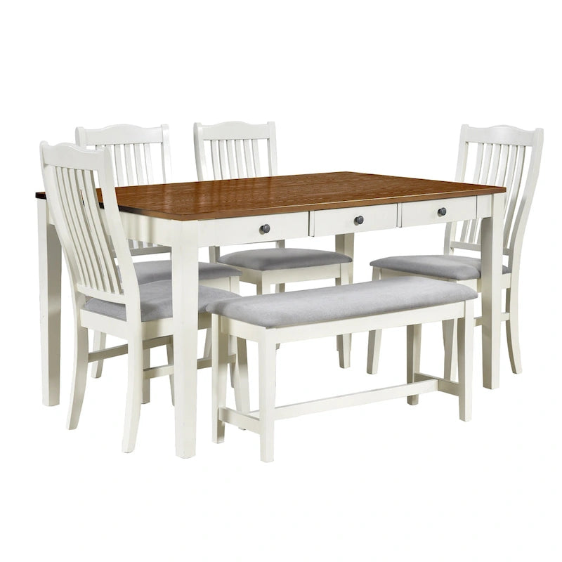6-Piece Wooden Dining Table Set with 4 Chairs & Bench, Table with Drawer