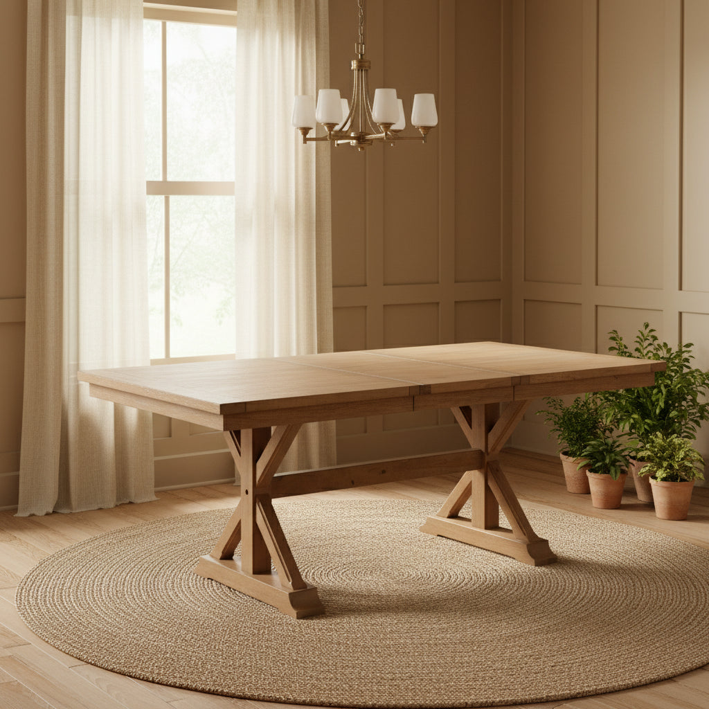 Tess 78 Inch Dining Table, Extendable Leaf, Trestle Base, Natural Brown