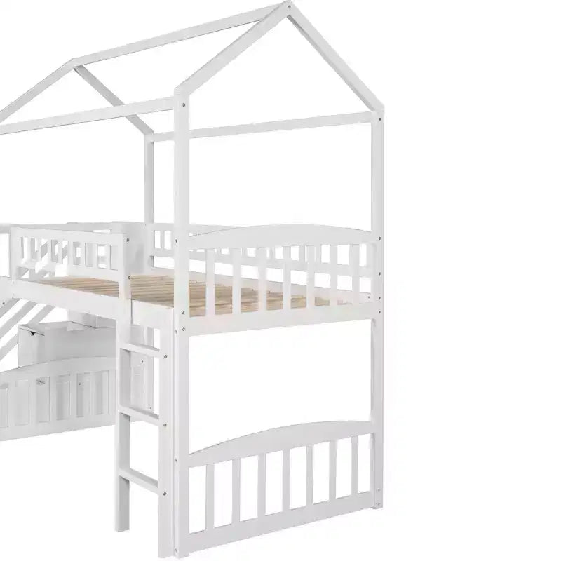 Hochbett in Hausform für zwei Personen mit Rutsche und Treppe, Hochbett mit Stauraumschubladen, Holzhütten-Hochbett für Kinder und Kleinkinder
