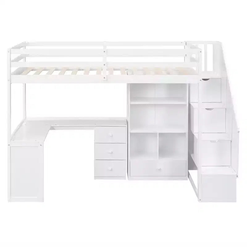 Cama alta de tamanho Twin com secretária em L, 3 gavetas, armário, arrumação nas escadas e estrutura em pinho maciço/MDF