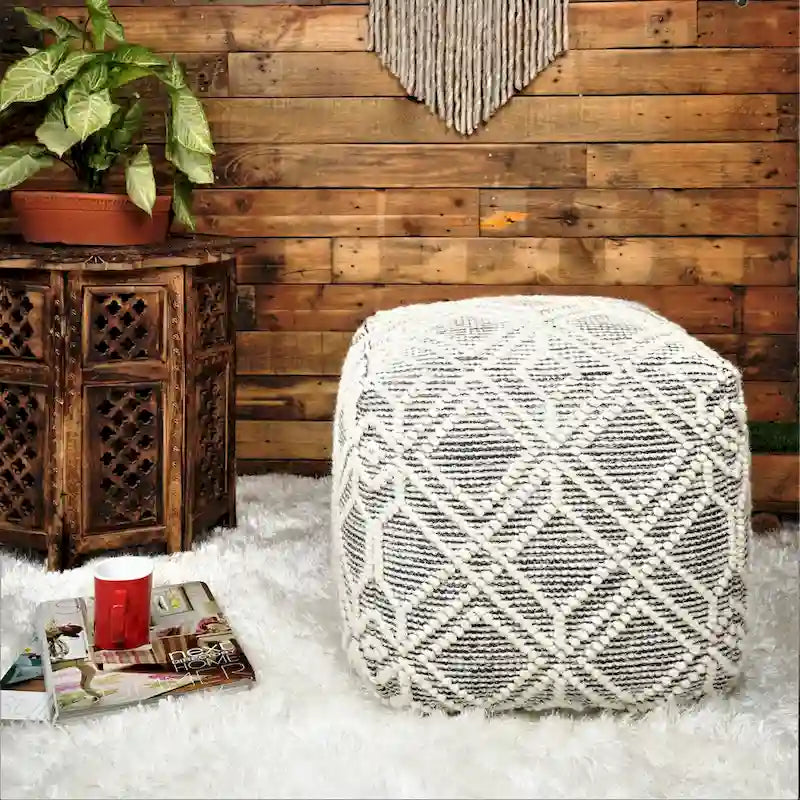 Ręcznie wykonany puf-podnóżek z wełny, bawełny i naturalnych włókien, 40x40x40 cm