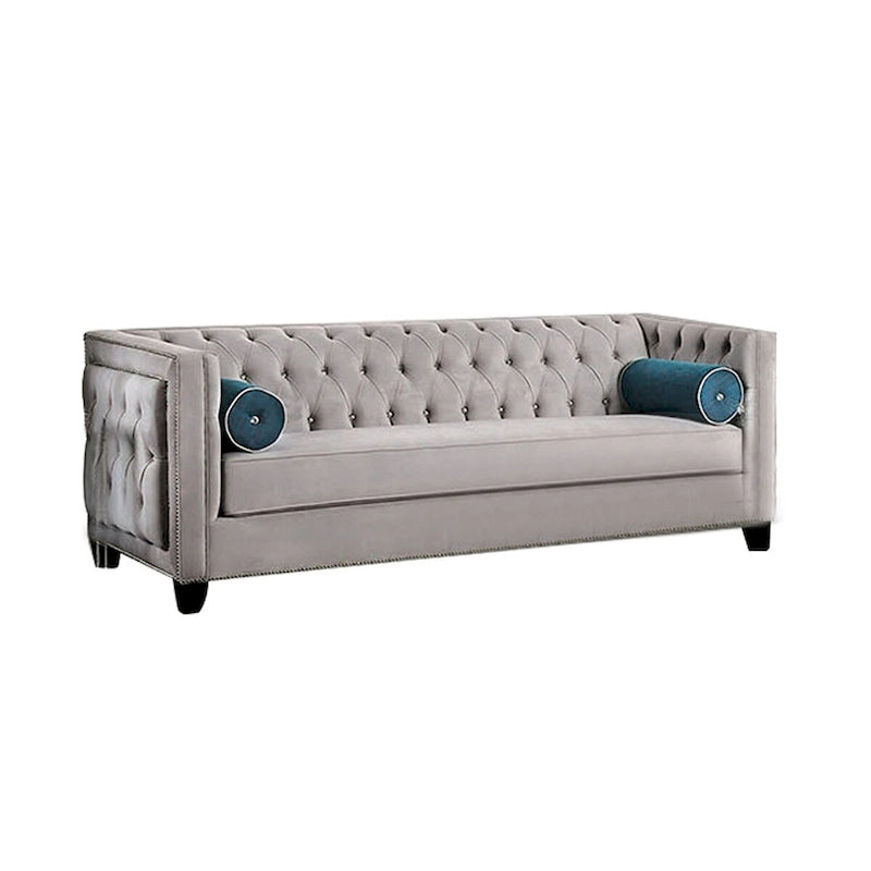 Velvet-like Fabric Sofa with Button Tufted Design in Gray