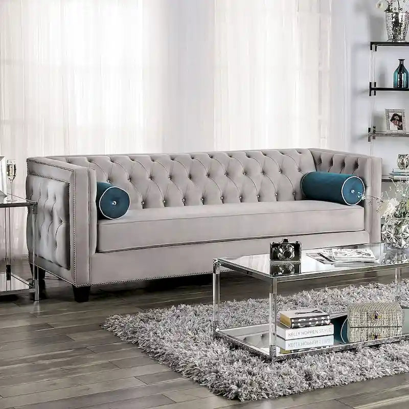 Aksamitna Sofa Tapicerowana z Guzikami w Kolorze Szarym