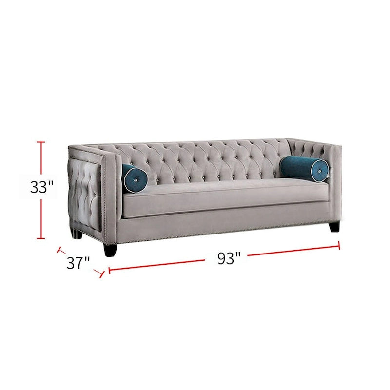 Aksamitna Sofa Tapicerowana z Guzikami w Kolorze Szarym