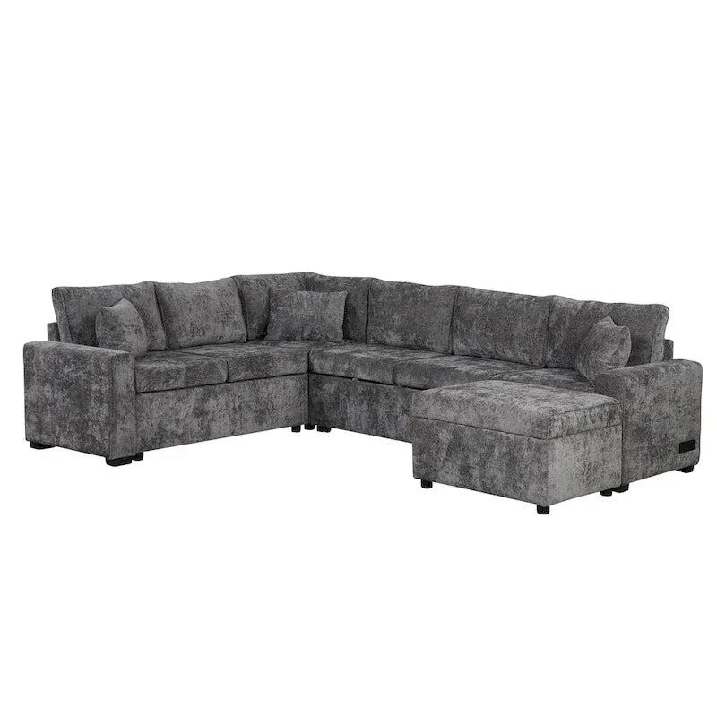 Ecksofa aus Chenille, ausziehbares Schlafsofa in L-Form mit Aufbewahrungshocker, 3 Kissen und Ladegeräten