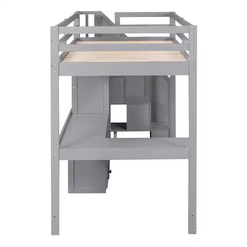 Cama alta de tamanho Twin com secretária em L, 3 gavetas, armário, arrumação nas escadas e estrutura em pinho maciço/MDF