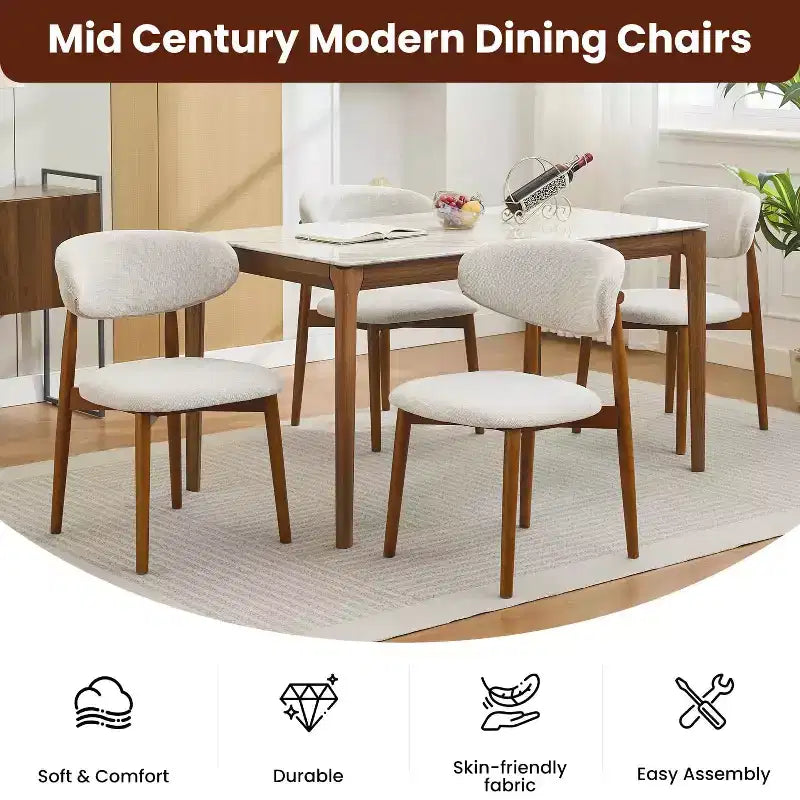 Esszimmerstuhl-Set, 4-teilig, gepolsterte Esszimmerstühle im Mid-Century-Modern-Stil, Küchenstühle im Landhausstil mit gepolsterter Stofffläche und Holzbeinen, Beige
