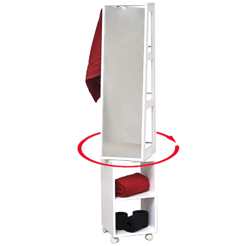 Obrotowa szafka z lustrem Miami White, półki, podstawa na kółkach - 13L x 11 3/4W x 61 1/2H