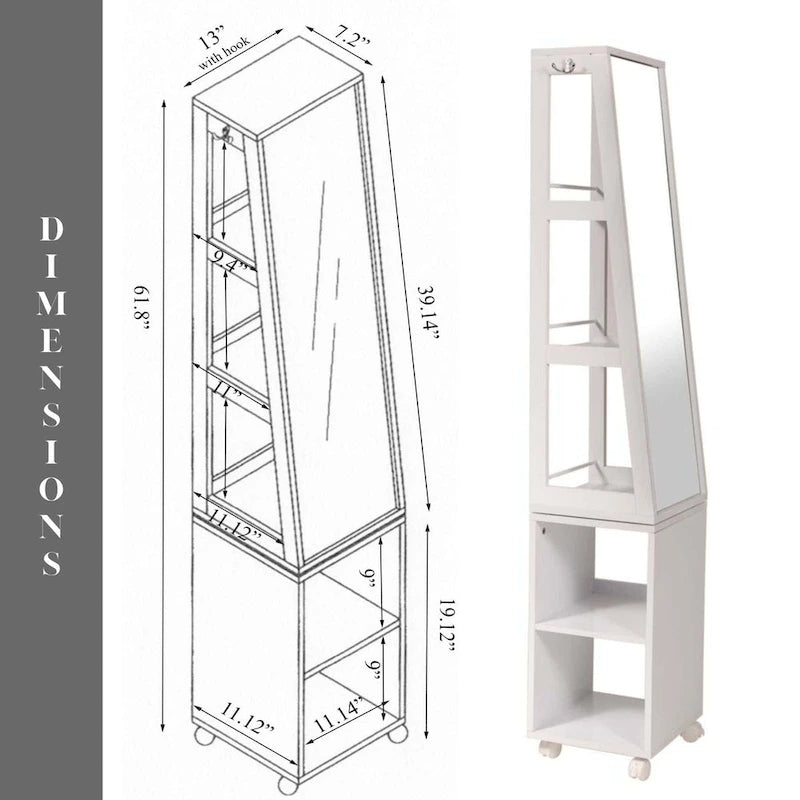 Obrotowa szafka z lustrem Miami White, półki, podstawa na kółkach - 13L x 11 3/4W x 61 1/2H