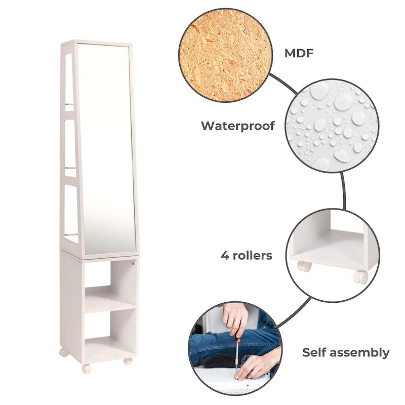 Obrotowa szafka z lustrem Miami White, półki, podstawa na kółkach - 13L x 11 3/4W x 61 1/2H