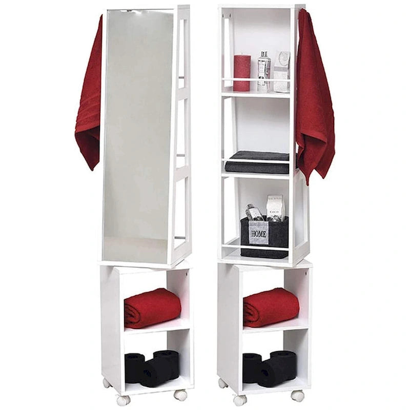 Obrotowa szafka z lustrem Miami White, półki, podstawa na kółkach - 13L x 11 3/4W x 61 1/2H