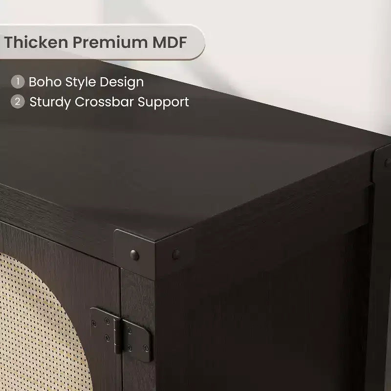 165 cm brede tv-meubel in bohemienstijl met rieten deur - houten entertainmentcentrum met twee kasten en verstelbare planken, geschikt voor woonkamers