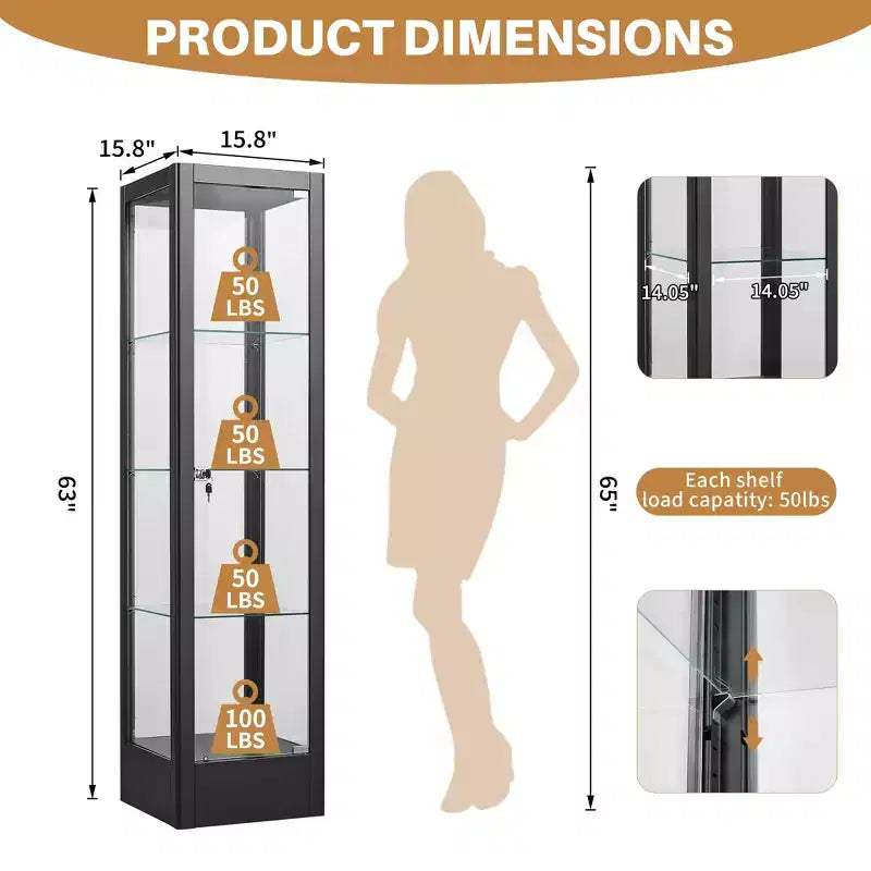 Bekrvio Glasvitrine mit 4 Ebenen und Schloss, 63-Zoll-Vitrine mit Tür aus gehärtetem Glas und verstellbaren Einlegeböden