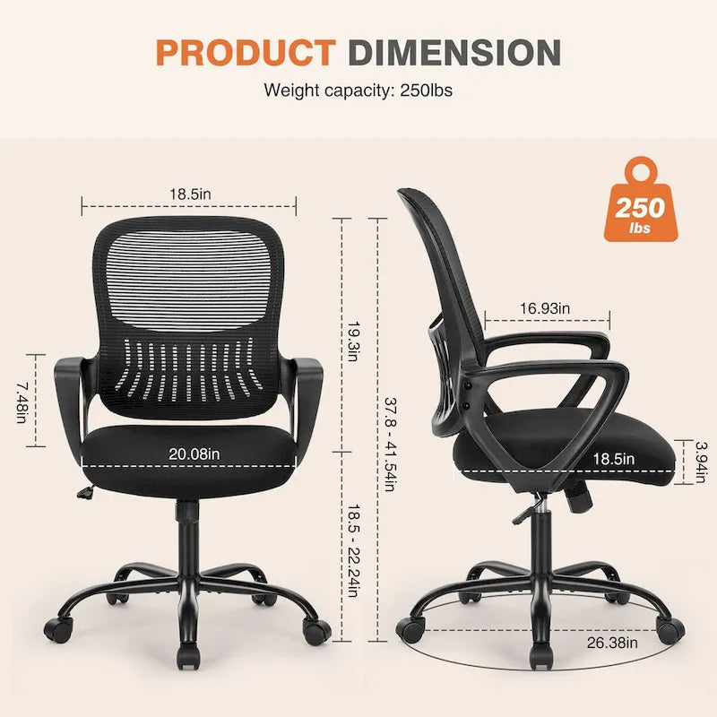 Ergonomiczne krzesło biurowe do domowego biurka, siatkowe z nieruchomymi podłokietnikami