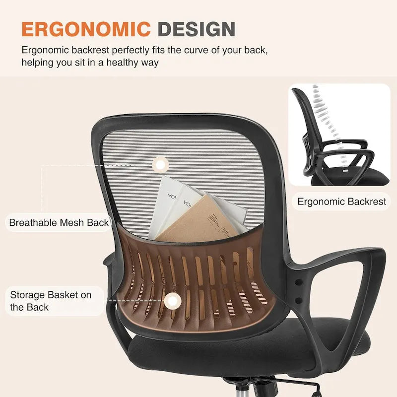 Ergonomiczne krzesło biurowe do domowego biurka, siatkowe z nieruchomymi podłokietnikami