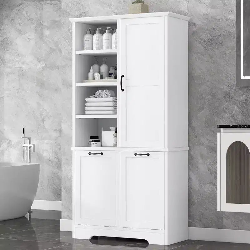 Badezimmer-Aufbewahrungsschrank mit Türen und Schubladen, ausklappbarer Wäschekorb, mehrere Stauraumfächer, freistehendes Design