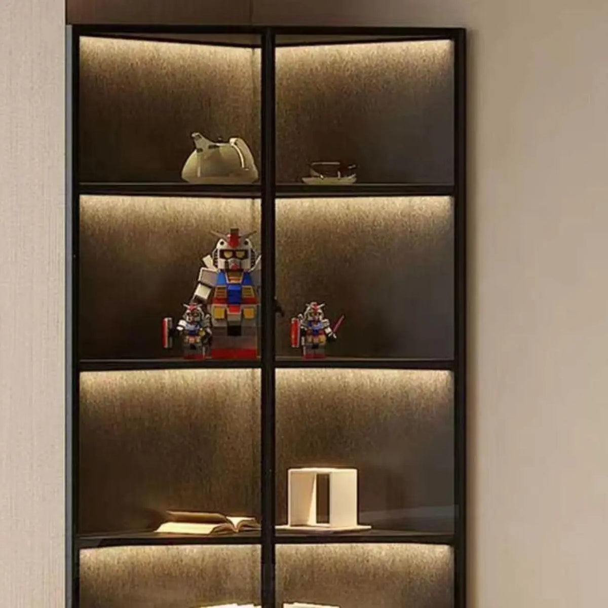 Vitrine de canto moderna em metal e madeira cinzenta com porta de vidro