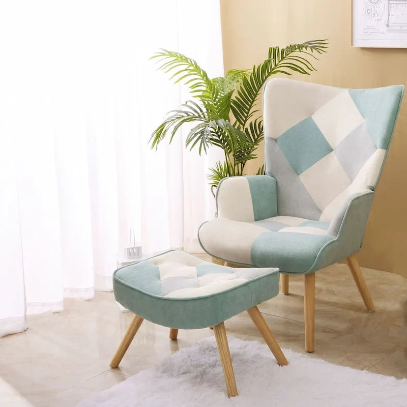 Poltrona d'accento con pouf, set di poltrona e pouf per il soggiorno, comoda poltroncina con braccioli per la camera da letto, rivestimento in tessuto a拼接 creativo