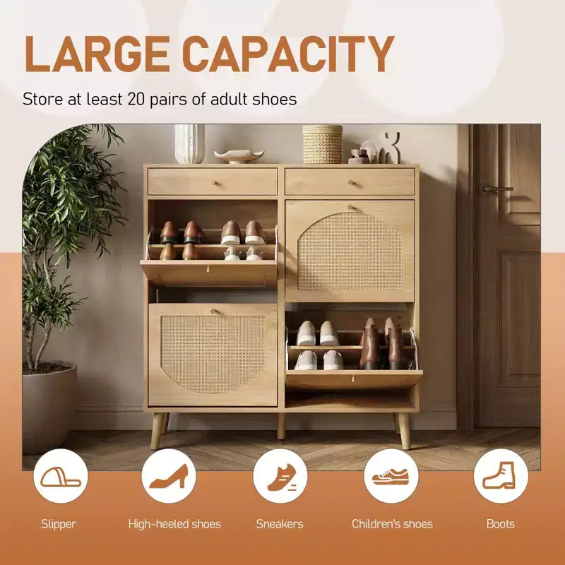 Karl Home Schuhschrank mit Rattanfront, 2 Schubladen und 4 Klappfächern, Spanplatte, 41,34 W
