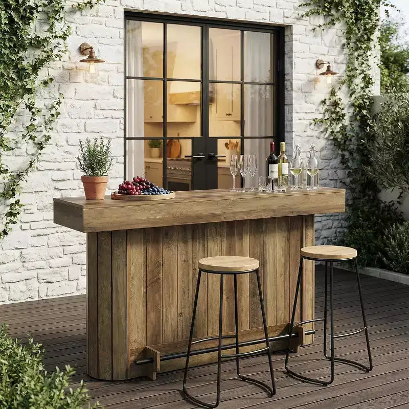 Stół barowy Lantine, 63-calowy drewniany barek domowy z metalowym podnóżkiem, stół pubowy z półkami do przechowywania do salonu, bistro, jadalni (brązowy)