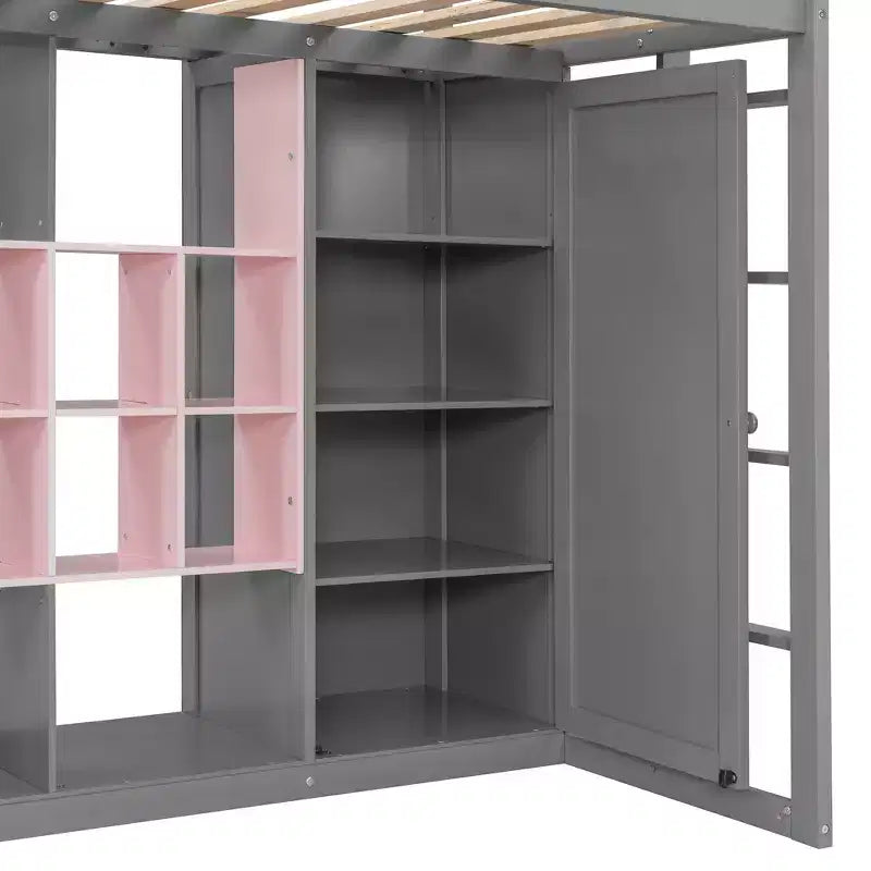 Kinderhoogslaper met kledingkast en planken, houten hoogslaperframe met opbergkast voor kinderen en tieners