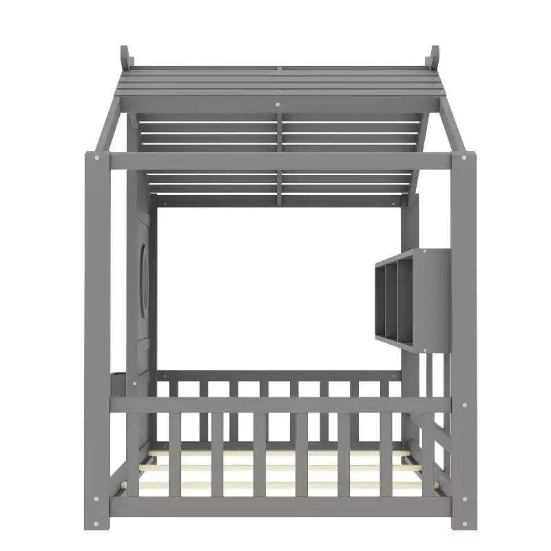 Hausbett mit Plattformrahmen in Twin-/Full-Size, Kleinkind-Bodenbett, Montessori-Kinderbett und Spielhausbett mit Ablage – ModernLuxe