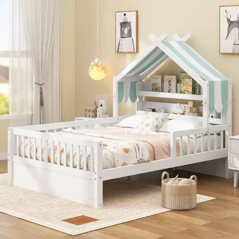 Łóżko domek ModernLuxe dla dzieci, rozmiar Twin/Full, drewniane, z zagłówkiem z miejscem do przechowywania, rama z litego drewna sosnowego z barierkami ochronnymi